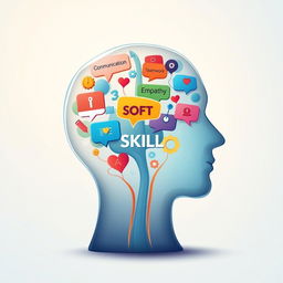 A creatively illustrated human head, semi-transparent to reveal a vibrant and colorful representation of soft skills inside, such as communication, teamwork, empathy, problem-solving, and adaptability