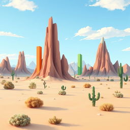 A 2D desert landscape where the mountains themselves are designed as bar graphs, with each mountain taking the form of a vertical bar of varying heights to illustrate data values