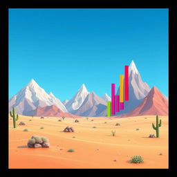 A 2D desert landscape where the mountains themselves are designed as bar graphs, with each mountain taking the form of a vertical bar of varying heights to illustrate data values