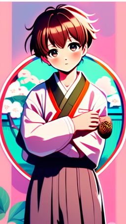 Anime art of a charming schoolboy with chestnut hair and bright eyes, dressed in a traditional Japanese uniform. He's encased within a neon circular border against a pastel lo-fi background.