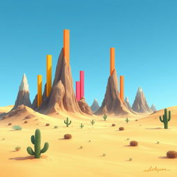 A 2D desert landscape where the mountains themselves are designed as bar graphs, with each mountain taking the form of a vertical bar of varying heights to illustrate data values