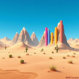 A 2D desert landscape where the mountains themselves are designed as bar graphs, with each mountain taking the form of a vertical bar of varying heights to illustrate data values