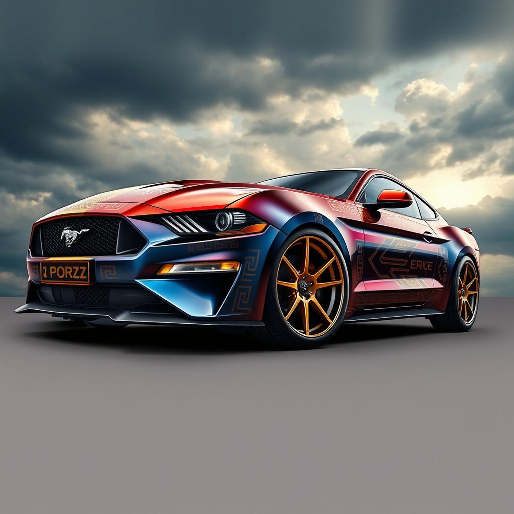 A stunning and dynamic design of a Mustang inspired by Greek mythology, featuring intricate Greek motifs, like geometric patterns and mythological symbols, wrapped around the body of the car