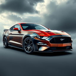 A stunning and dynamic design of a Mustang inspired by Greek mythology, featuring intricate Greek motifs, like geometric patterns and mythological symbols, wrapped around the body of the car