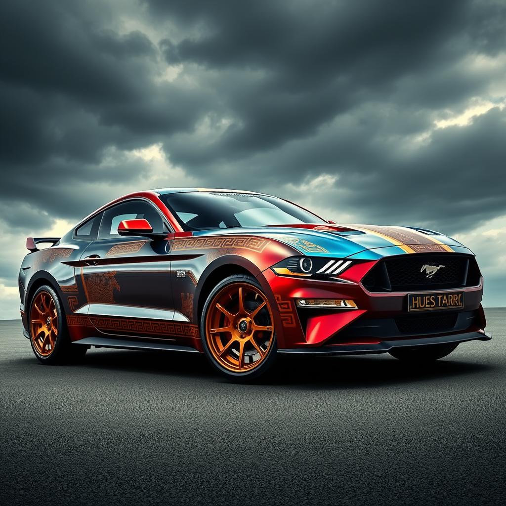 A stunning and dynamic design of a Mustang inspired by Greek mythology, featuring intricate Greek motifs, like geometric patterns and mythological symbols, wrapped around the body of the car