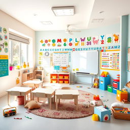 A vibrant and colorful children's classroom filled with educational materials and decorations