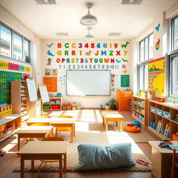 A vibrant and colorful children's classroom filled with educational materials and decorations