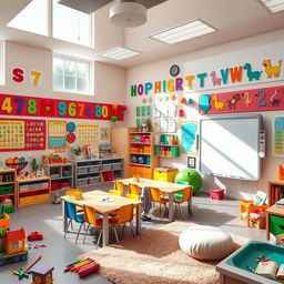 A vibrant and colorful children's classroom filled with educational materials and decorations