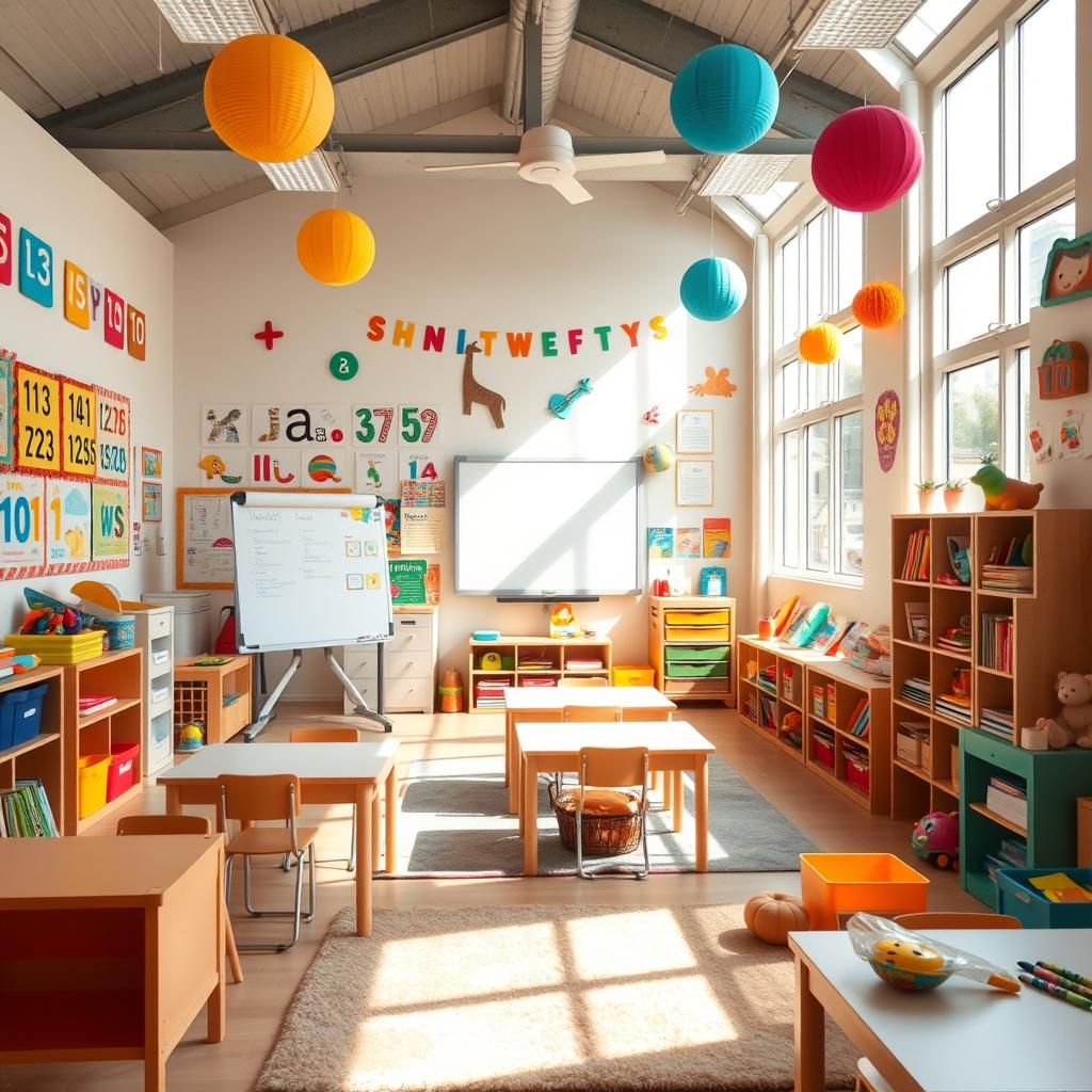 A vibrant and colorful children's classroom filled with educational materials and decorations