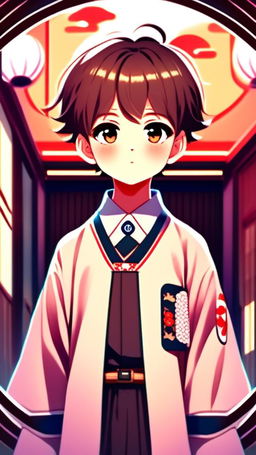 Anime art of a charming schoolboy with chestnut hair and bright eyes, dressed in a traditional Japanese uniform. He's encased within a neon circular border against a pastel lo-fi background.