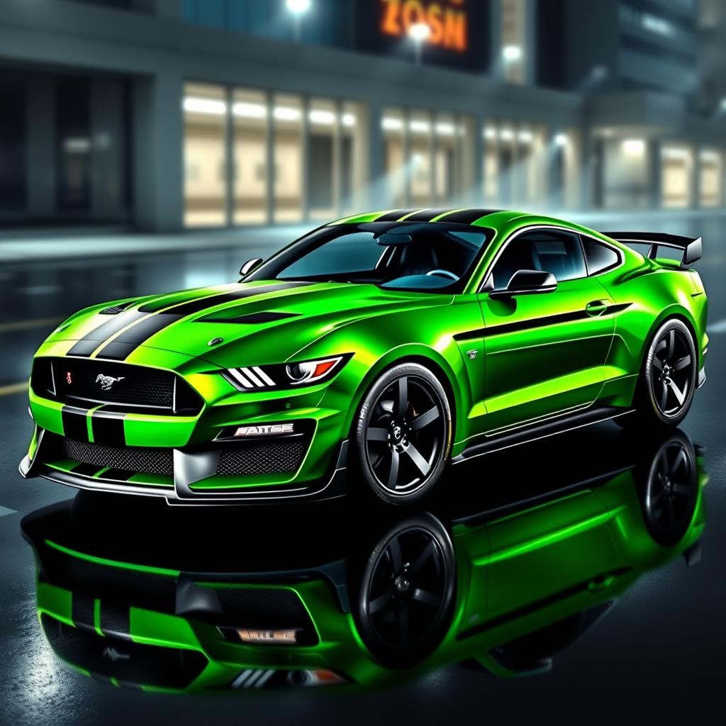 A sleek and aggressive Mustang sports car design featuring a bold color scheme of green, black, and white