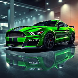 A sleek and aggressive Mustang sports car design featuring a bold color scheme of green, black, and white