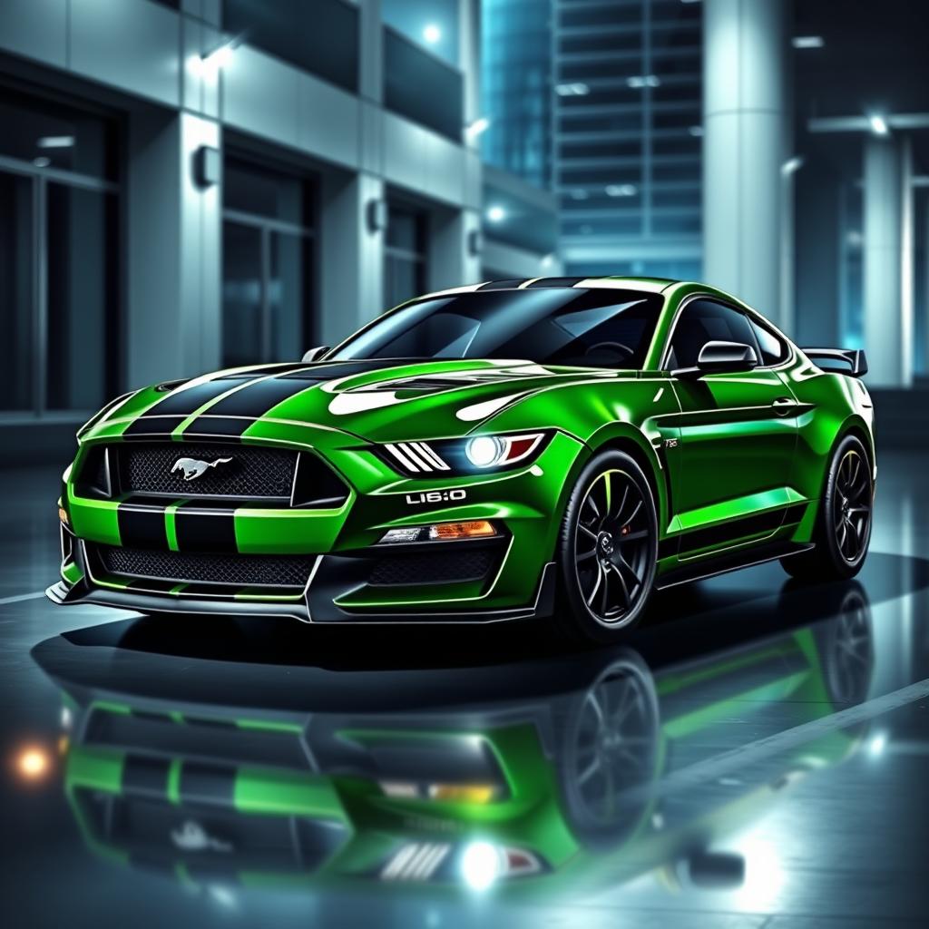 A sleek and aggressive Mustang sports car design featuring a bold color scheme of green, black, and white