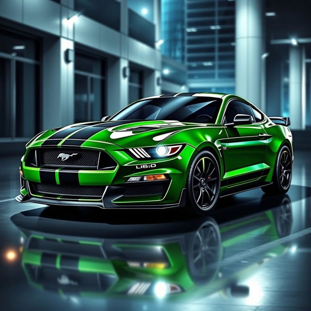 A sleek and aggressive Mustang sports car design featuring a bold color scheme of green, black, and white