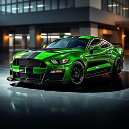 A sleek and aggressive Mustang sports car design featuring a bold color scheme of green, black, and white