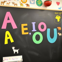 A close-up view of a classroom blackboard featuring large, boldly written letters: A, E, I, O, U