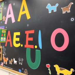 A close-up view of a classroom blackboard featuring large, boldly written letters: A, E, I, O, U