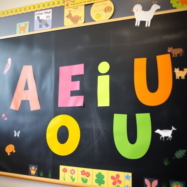 A close-up view of a classroom blackboard featuring large, boldly written letters: A, E, I, O, U