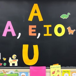 A close-up view of a classroom blackboard featuring large, boldly written letters: A, E, I, O, U