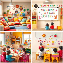 A playful and dynamic scene divided into four sections or panels showcasing a vibrant children's classroom