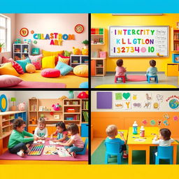 A playful and dynamic scene divided into four sections or panels showcasing a vibrant children's classroom