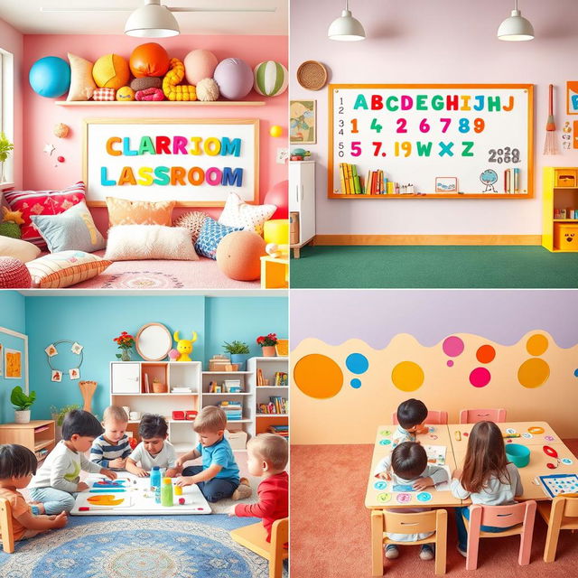 A playful and dynamic scene divided into four sections or panels showcasing a vibrant children's classroom