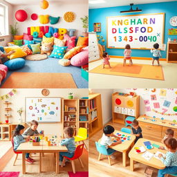 A playful and dynamic scene divided into four sections or panels showcasing a vibrant children's classroom