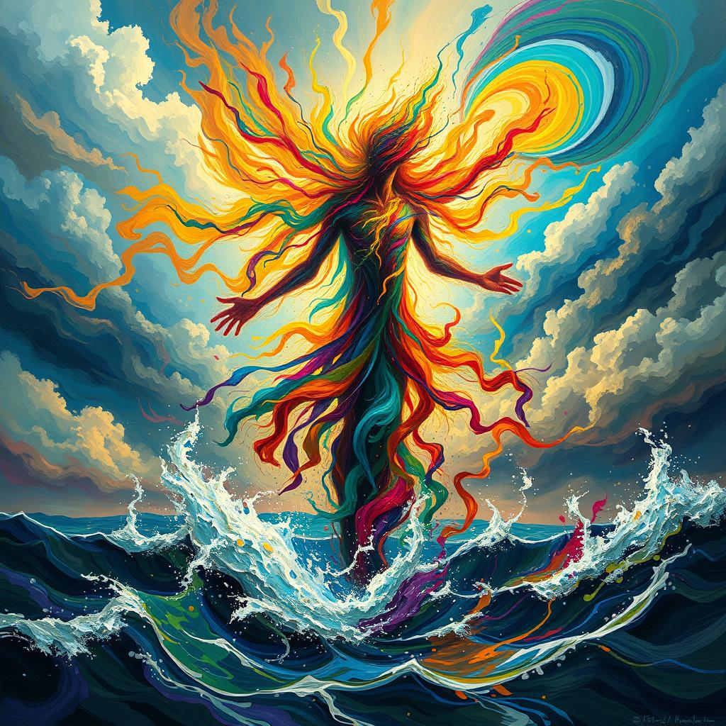 A vivid depiction of chaotic energy personified as an ethereal figure surrounded by swirling colors and dynamic shapes