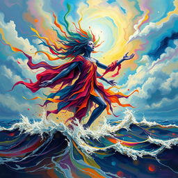 A vivid depiction of chaotic energy personified as an ethereal figure surrounded by swirling colors and dynamic shapes