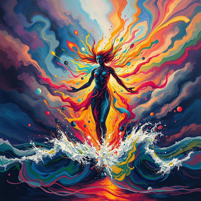 A vivid depiction of chaotic energy personified as an ethereal figure surrounded by swirling colors and dynamic shapes