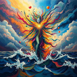 A vivid depiction of chaotic energy personified as an ethereal figure surrounded by swirling colors and dynamic shapes