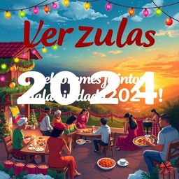 A vibrant and colorful Christmas-themed artwork inviting the Venezuelan population to celebrate the festive season of 2024