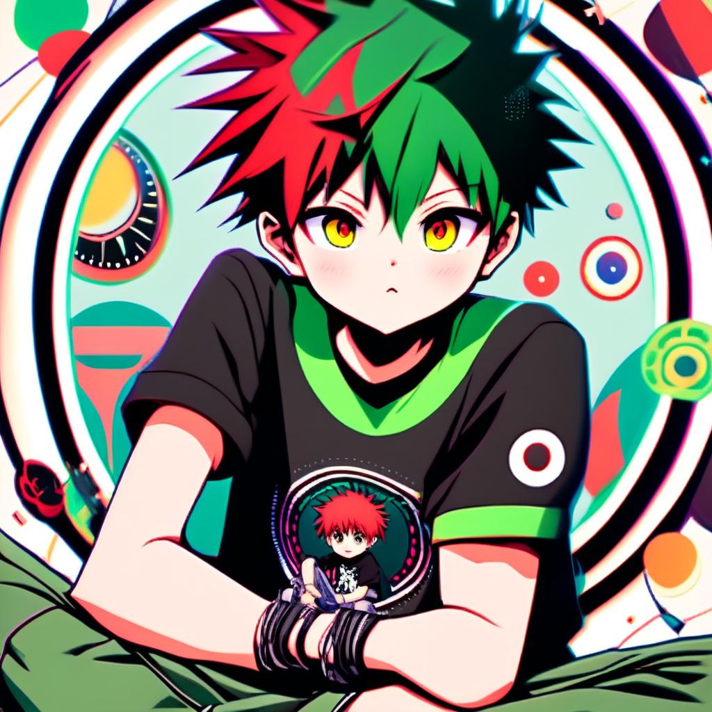 Anime profile picture of a mischievous boy with red and black spiky hair, green eyes, wearing a black graphic tee and jeans, framed by a funky circle border filled with geometric patterns and bright colors.