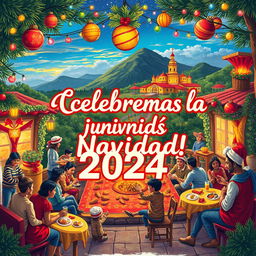 A vibrant and colorful Christmas-themed artwork inviting the Venezuelan population to celebrate the festive season of 2024