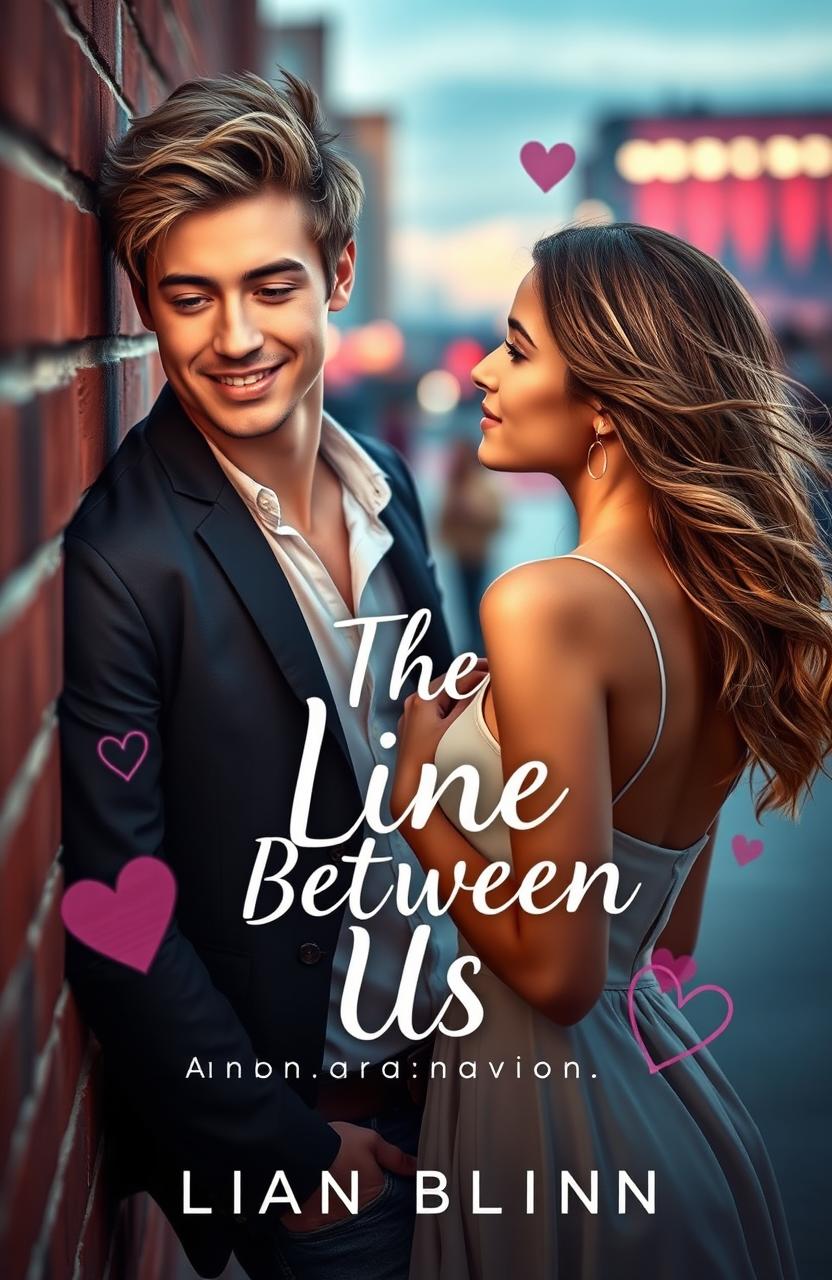 A romantic novel cover design for 'The Line Between Us' featuring a captivating scene with a handsome young man, dressed stylishly, representing a member of a popular boy band