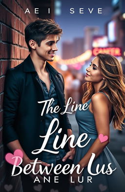 A romantic novel cover design for 'The Line Between Us' featuring a captivating scene with a handsome young man, dressed stylishly, representing a member of a popular boy band