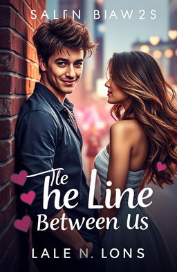 A romantic novel cover design for 'The Line Between Us' featuring a captivating scene with a handsome young man, dressed stylishly, representing a member of a popular boy band