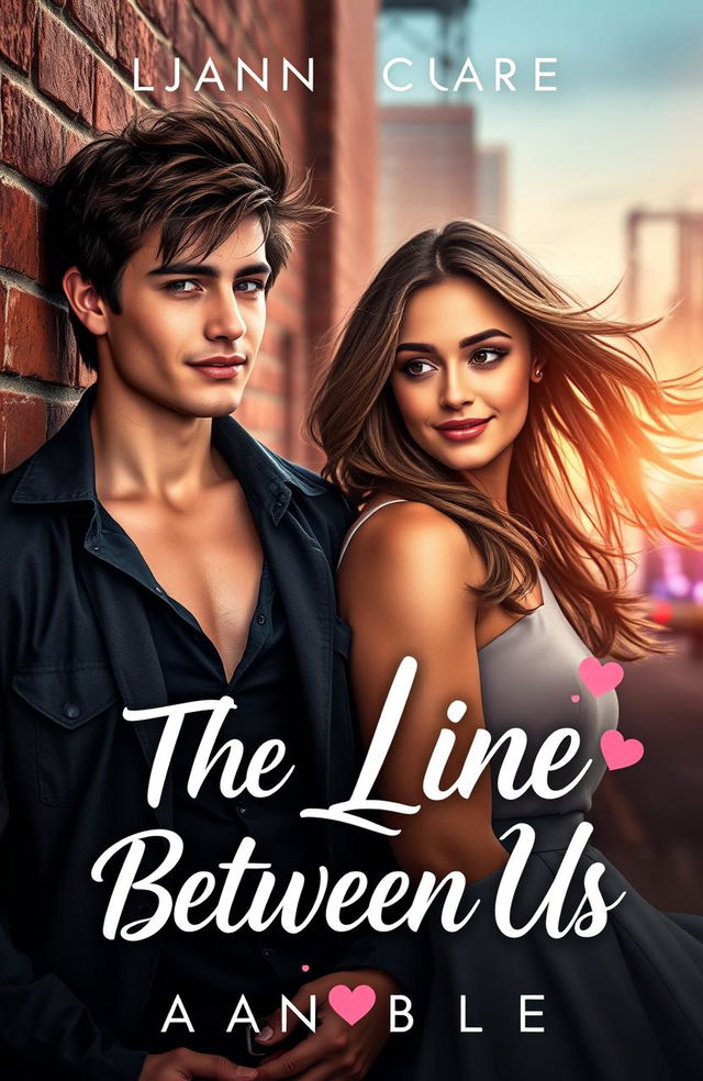 A romantic novel cover design for 'The Line Between Us' featuring a captivating scene with a handsome young man, dressed stylishly, representing a member of a popular boy band