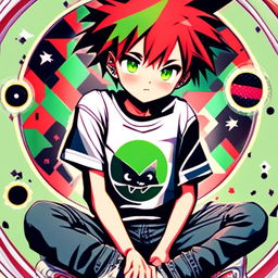 Anime profile picture of a mischievous boy with red and black spiky hair, green eyes, wearing a black graphic tee and jeans, framed by a funky circle border filled with geometric patterns and bright colors.