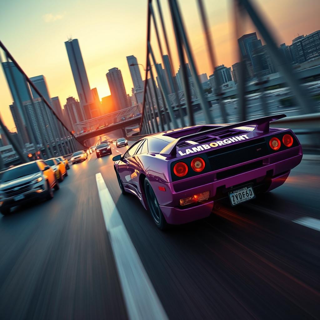 A high-energy action scene featuring a vibrant purple 1999 Lamborghini Diablo VT barreling through a Los Angeles bridge at full speed