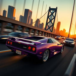 A high-energy action scene featuring a vibrant purple 1999 Lamborghini Diablo VT barreling through a Los Angeles bridge at full speed