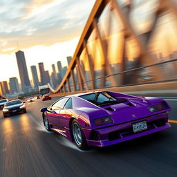 A high-energy action scene featuring a vibrant purple 1999 Lamborghini Diablo VT barreling through a Los Angeles bridge at full speed