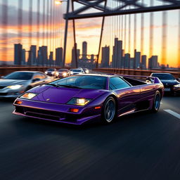 A high-energy action scene featuring a vibrant purple 1999 Lamborghini Diablo VT barreling through a Los Angeles bridge at full speed