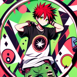 Anime profile picture of a mischievous boy with red and black spiky hair, green eyes, wearing a black graphic tee and jeans, framed by a funky circle border filled with geometric patterns and bright colors.