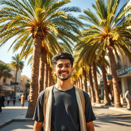 In a vibrant Yemeni city, a handsome young man stands confidently at the center