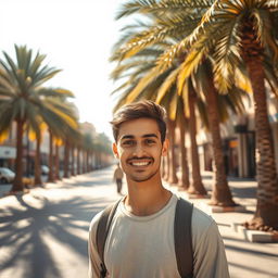 In a vibrant Yemeni city, a handsome young man stands confidently at the center