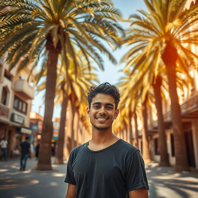 In a vibrant Yemeni city, a handsome young man stands confidently at the center