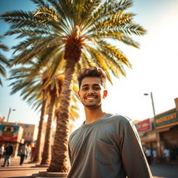 In a vibrant Yemeni city, a handsome young man stands confidently at the center