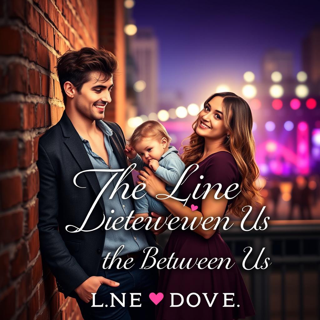 A romantic novel cover design for 'The Line Between Us' featuring an intriguing scene with a dashing young man, stylishly dressed as a member of a famous boy band, leaning against a brick wall