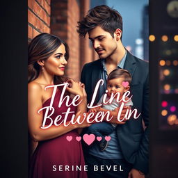 A romantic novel cover design for 'The Line Between Us' featuring an intriguing scene with a dashing young man, stylishly dressed as a member of a famous boy band, leaning against a brick wall